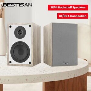 50W RMS 4 Inch Wood Grain BESTISAN Bookshelf Speakers, Powered BT 5.0 Wireless
